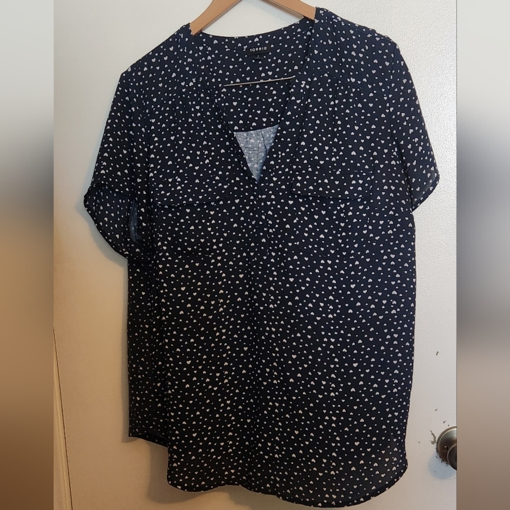 Torrid Navy Button Down Shirt with White Heart Print